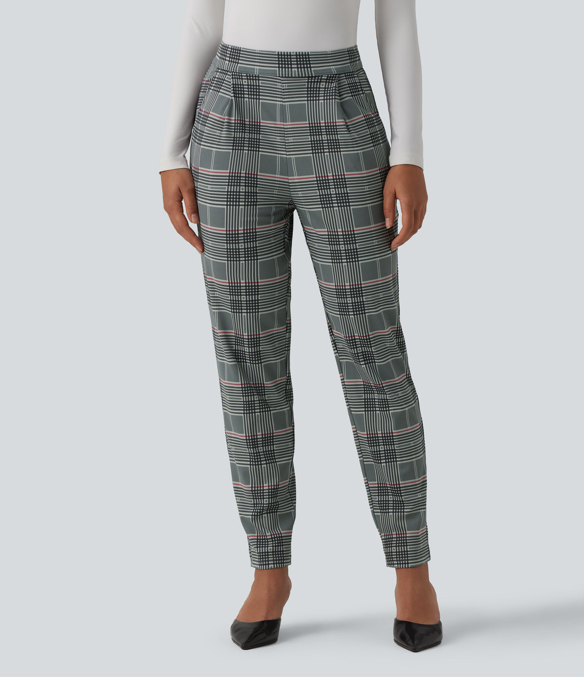 High Waisted Tapered Plaid Work Trousers with Pockets — Fireplace Plaid — view 1