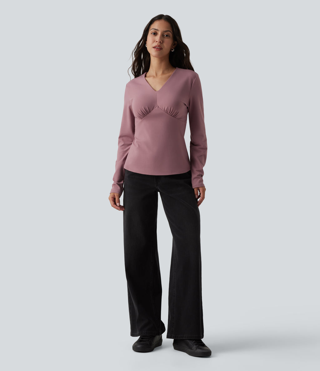 V Neck Long Sleeve Casual Top — Nostalgia Rose — view 6