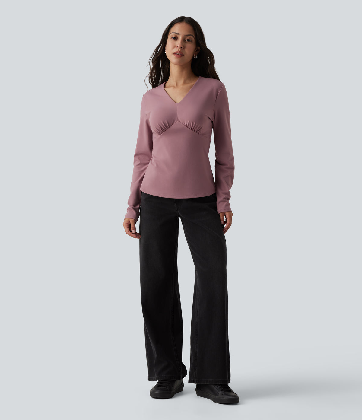 V Neck Long Sleeve Casual Top — Nostalgia Rose — view 6