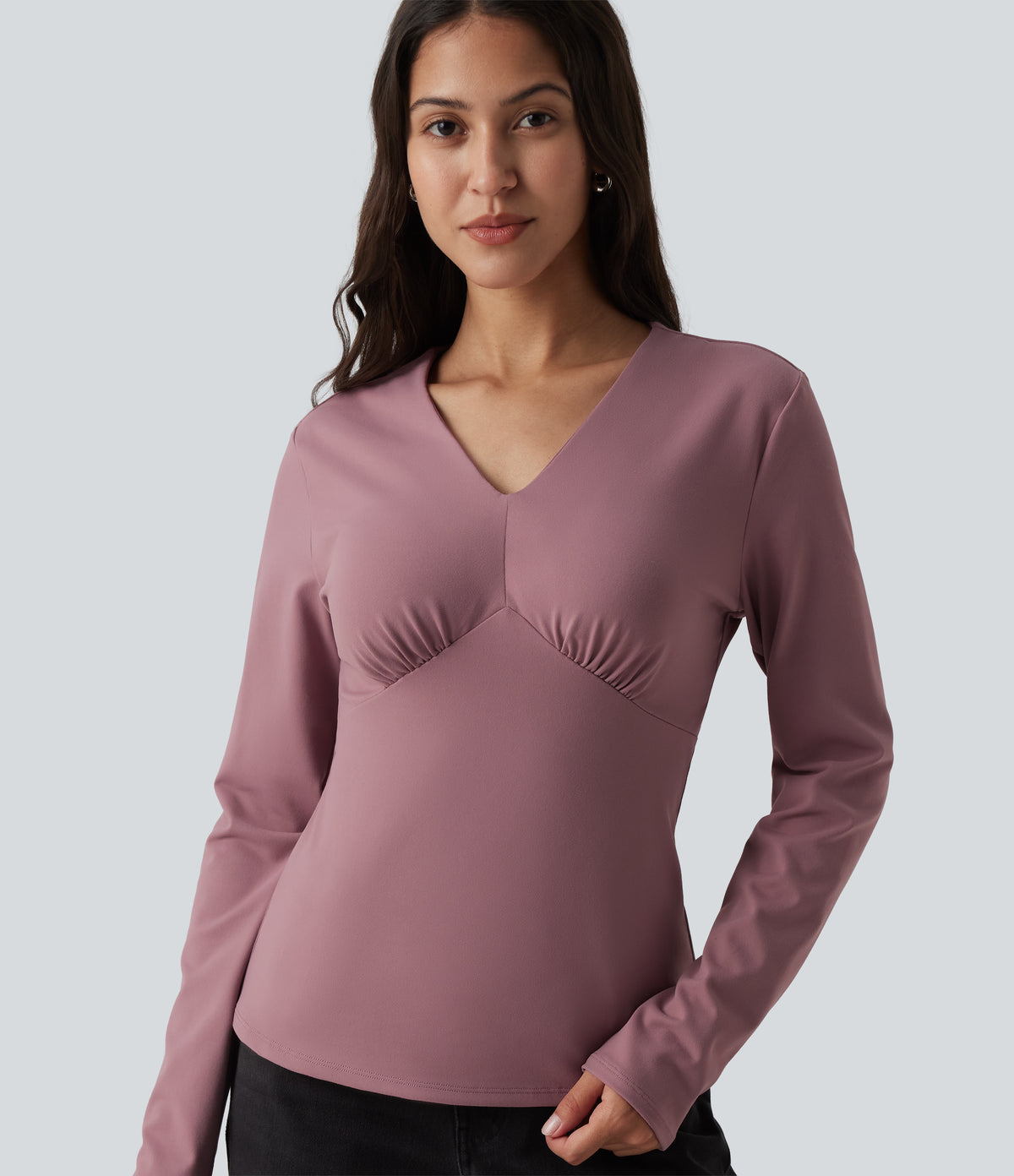 V Neck Long Sleeve Casual Top — Nostalgia Rose — view 1