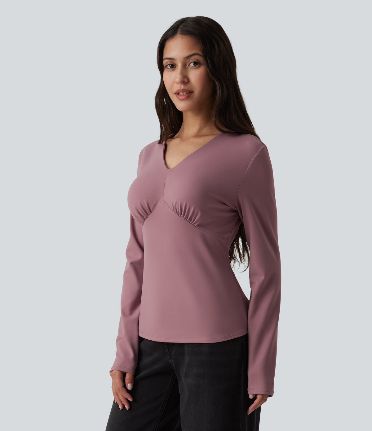 V Neck Long Sleeve Casual Top — Nostalgia Rose — view 3
