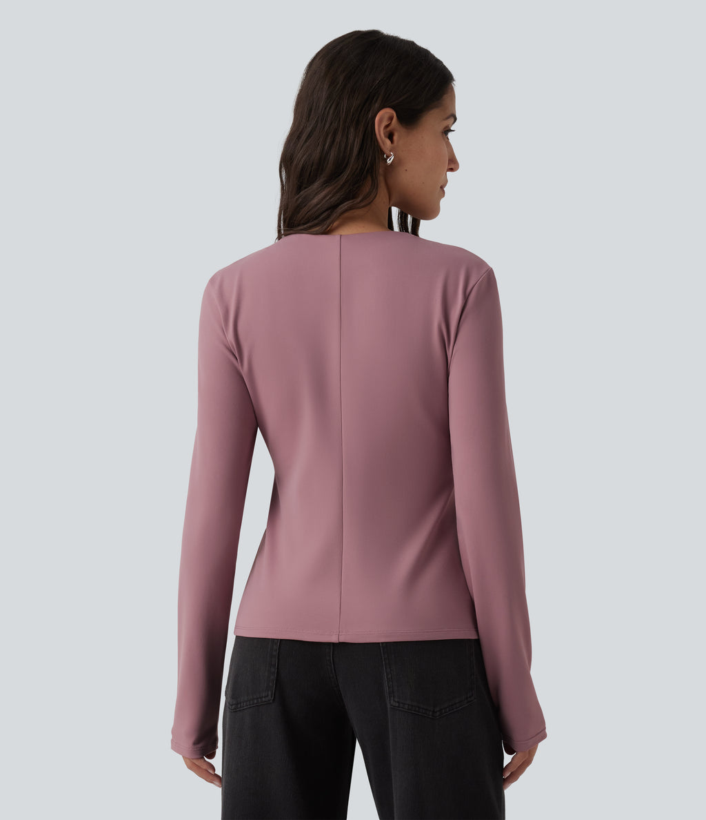 V Neck Long Sleeve Casual Top — Nostalgia Rose — view 2