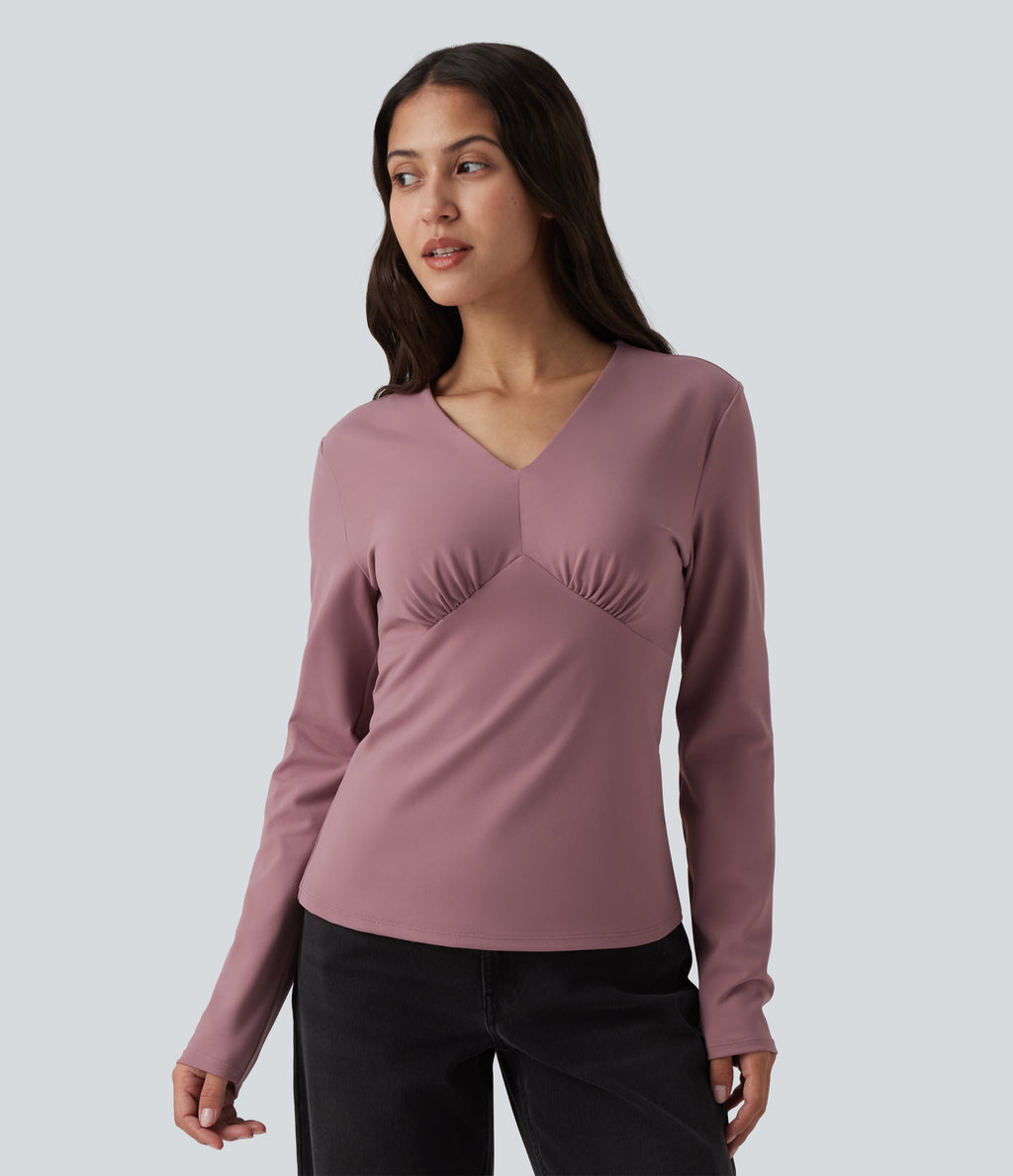 V Neck Long Sleeve Casual Top — Nostalgia Rose — view 4