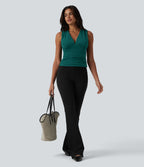 V Neck Ruched Built-in Bra Work Tank Top — Bayberry — view 5