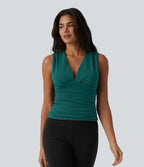 V Neck Ruched Built-in Bra Work Tank Top — Bayberry — view 4