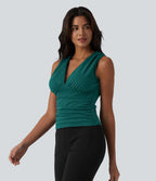V Neck Ruched Built-in Bra Work Tank Top — Bayberry — view 3