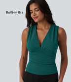 V Neck Ruched Built-in Bra Work Tank Top — Bayberry — view 1