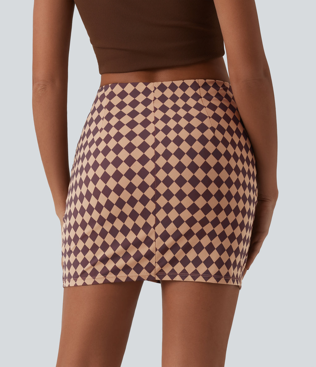 Check Print High Waisted Crossover Hem 2-in-1 Bodycon Mini Casual Skirt — Cafe Check — view 2