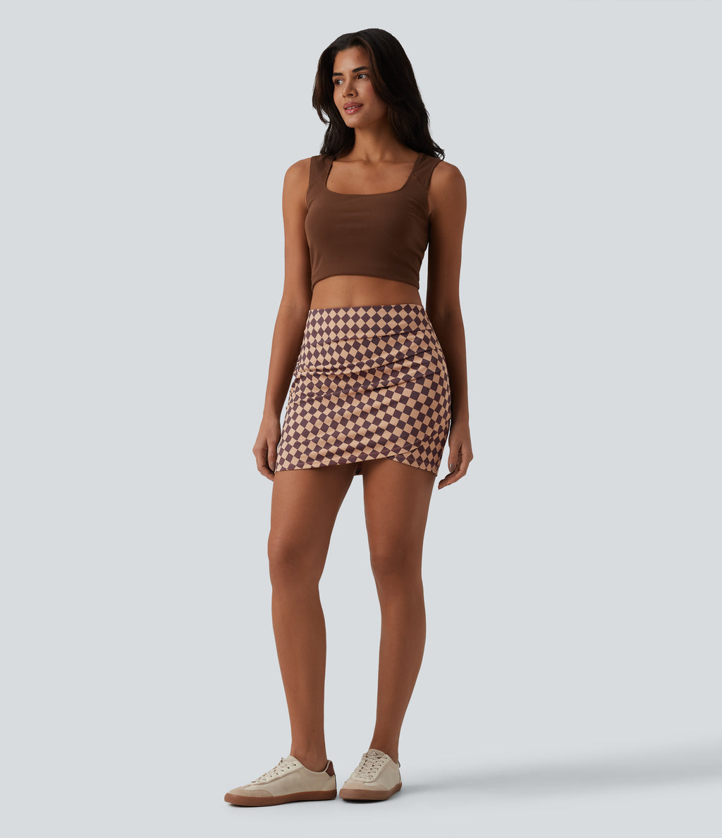 Check Print High Waisted Crossover Hem 2-in-1 Bodycon Mini Casual Skirt — Cafe Check — view 6