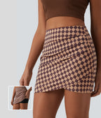 Check Print High Waisted Crossover Hem 2-in-1 Bodycon Mini Casual Skirt — Cafe Check — view 1