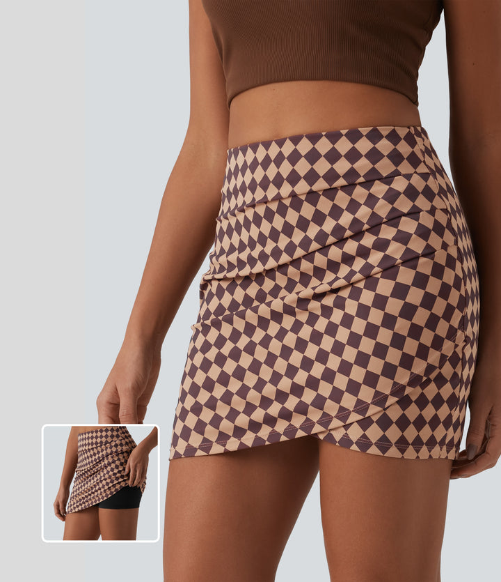 Check Print High Waisted Crossover Hem 2-in-1 Bodycon Mini Casual Skirt — Cafe Check — view 1