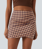 Check Print High Waisted Crossover Hem 2-in-1 Bodycon Mini Casual Skirt — Cafe Check — view 3