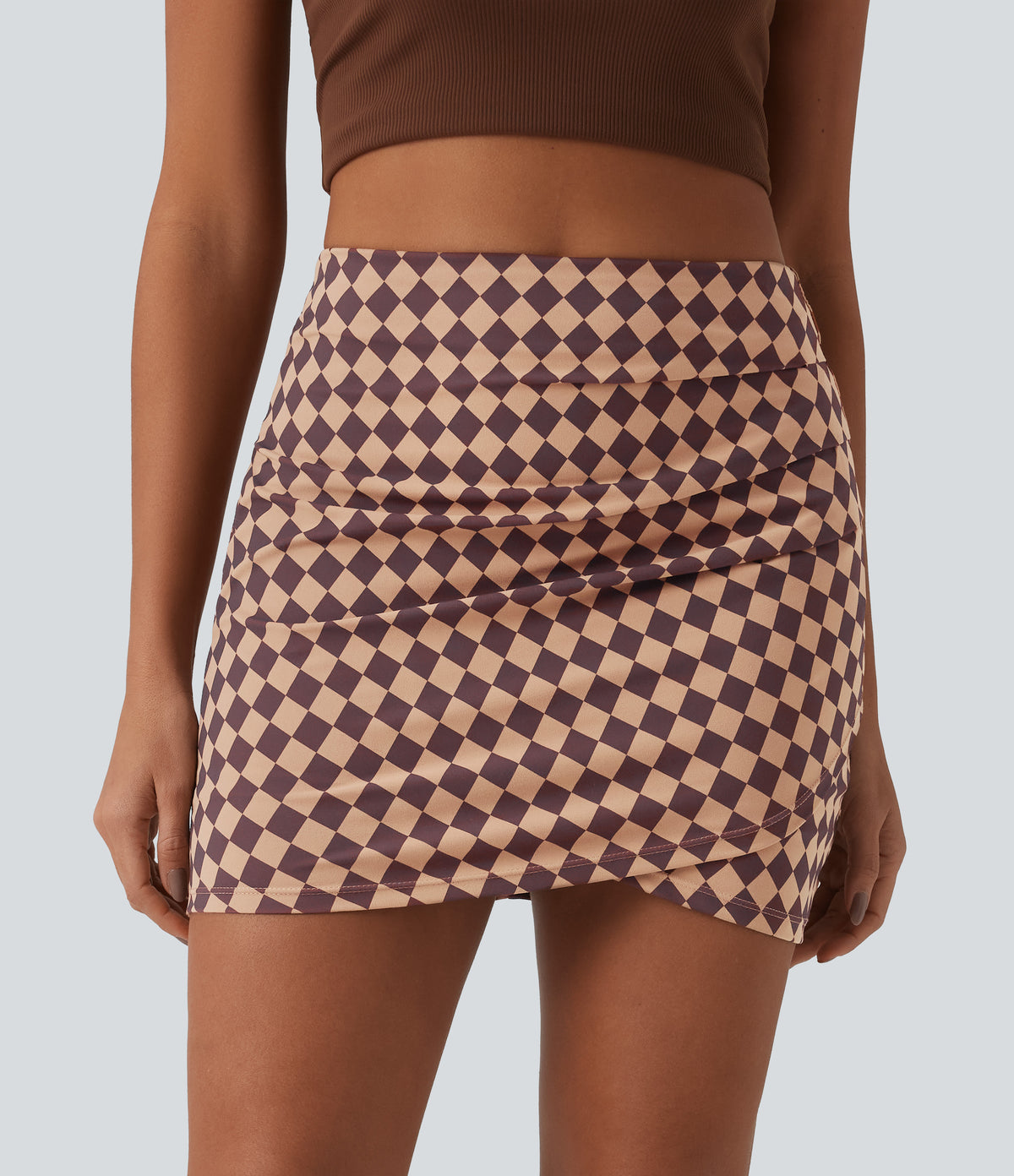 Check Print High Waisted Crossover Hem 2-in-1 Bodycon Mini Casual Skirt — Cafe Check — view 3