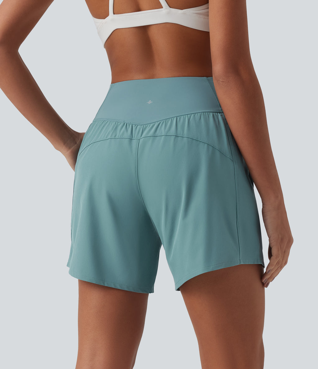 High Waisted Crossover 2-in-1 Quick Dry Yoga Shorts 5'' with Pockets — Stone Blue — view 3