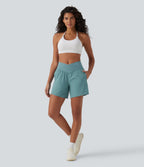 High Waisted Crossover 2-in-1 Quick Dry Yoga Shorts 5'' with Pockets — Stone Blue — view 8