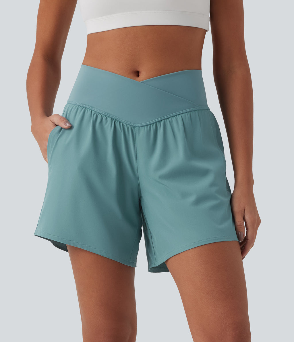 High Waisted Crossover 2-in-1 Quick Dry Yoga Shorts 5'' with Pockets — Stone Blue — view 1