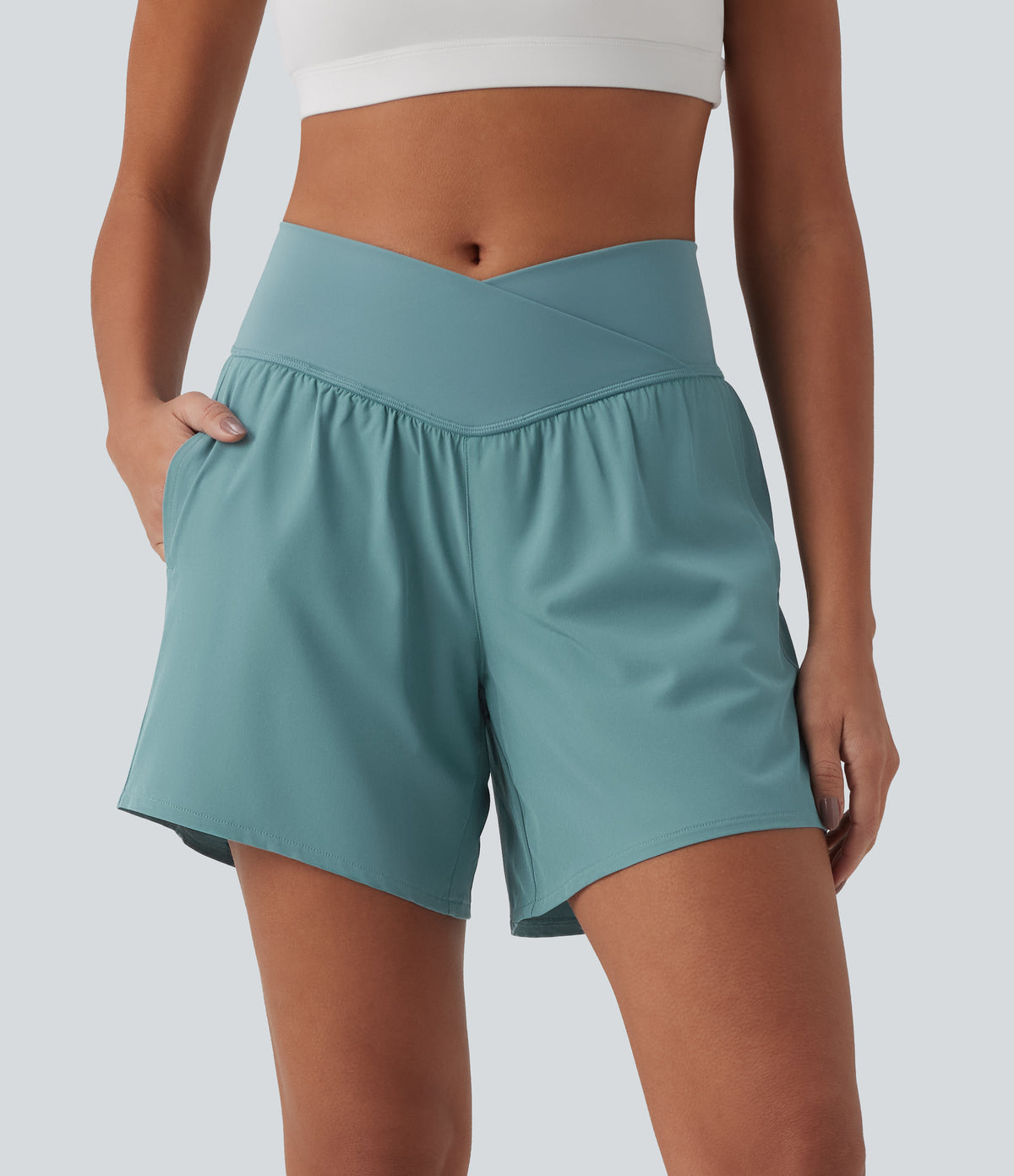 High Waisted Crossover 2-in-1 Quick Dry Yoga Shorts 5'' with Pockets — Stone Blue — view 1