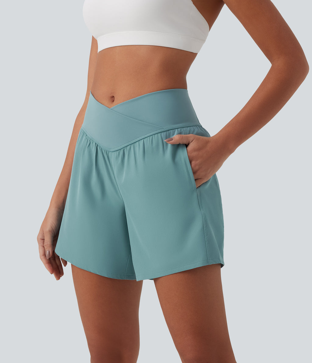 High Waisted Crossover 2-in-1 Quick Dry Yoga Shorts 5'' with Pockets — Stone Blue — view 4