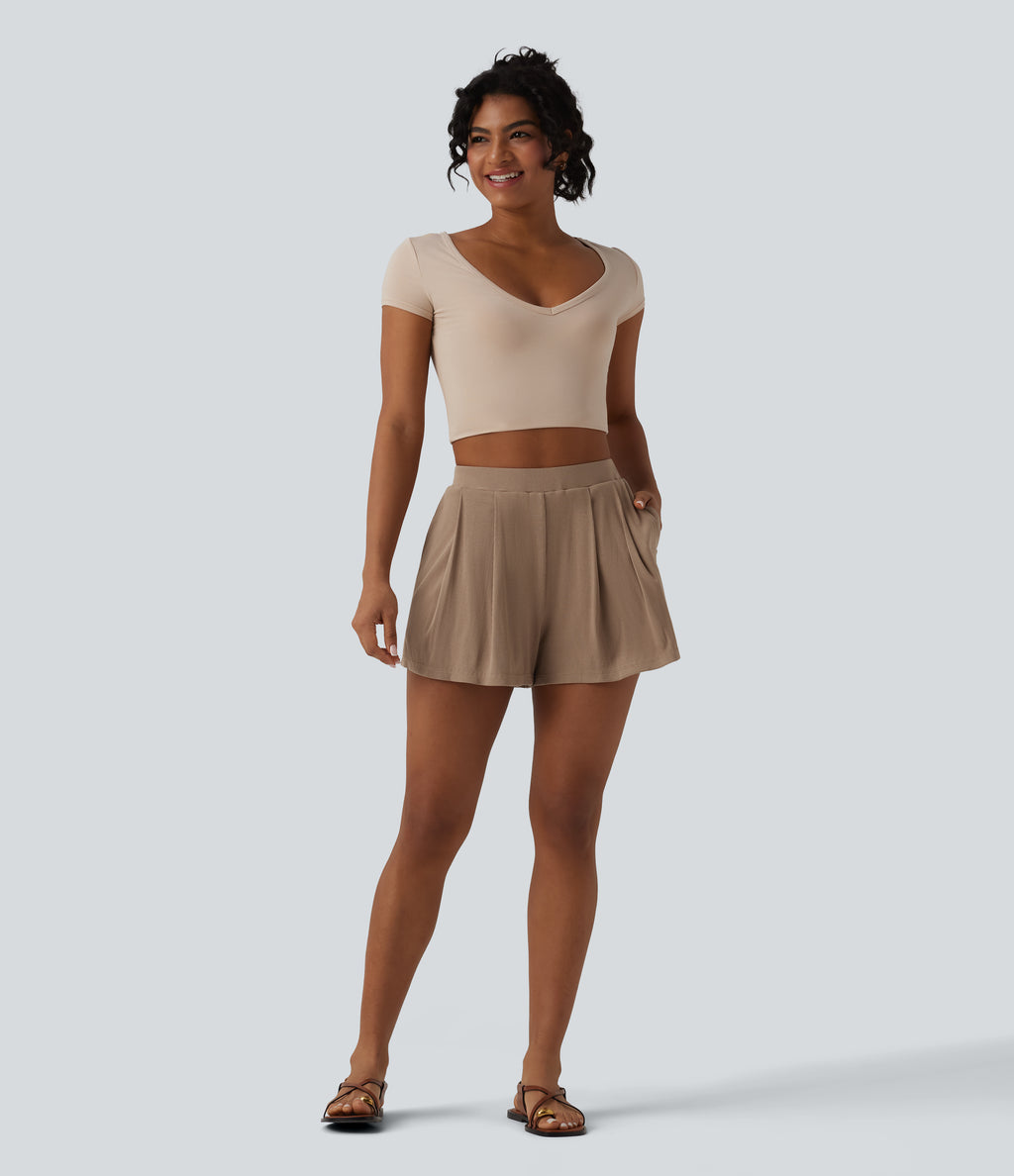 Ribbed Knit High Waisted 2-in-1 Casual Shorts with Pockets — Brush — view 6