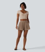Ribbed Knit High Waisted 2-in-1 Casual Shorts with Pockets — Brush — view 6