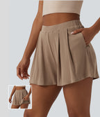 Ribbed Knit High Waisted 2-in-1 Casual Shorts with Pockets — Brush — view 1