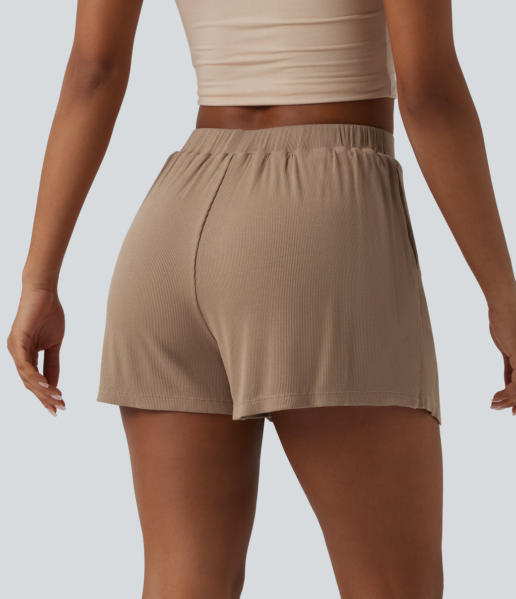 Ribbed Knit High Waisted 2-in-1 Casual Shorts with Pockets — Brush — view 2