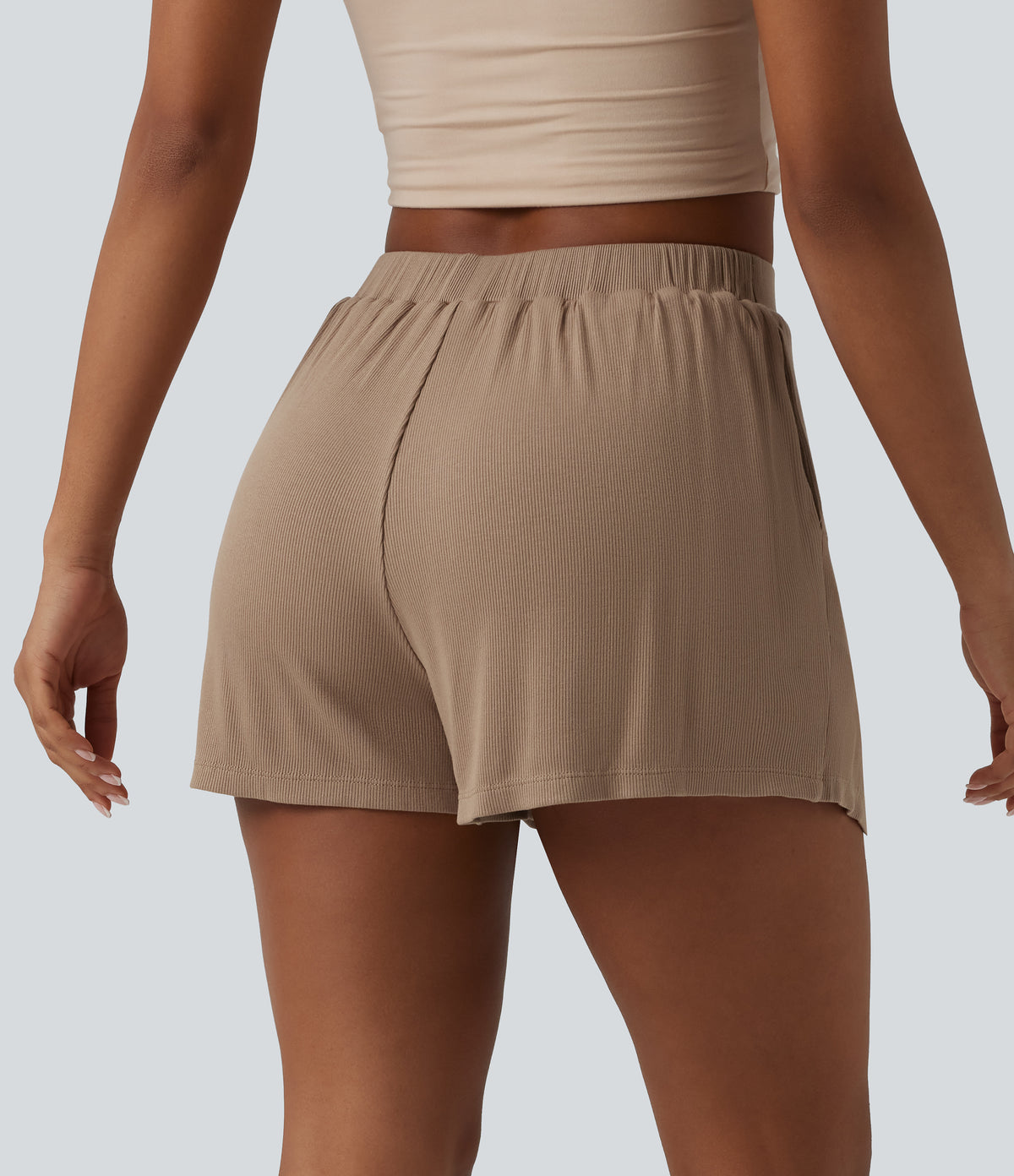 Ribbed Knit High Waisted 2-in-1 Casual Shorts with Pockets — Brush — view 2