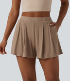 Ribbed Knit High Waisted 2-in-1 Casual Shorts with Pockets — Brush — view 3