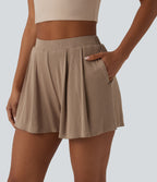 Ribbed Knit High Waisted 2-in-1 Casual Shorts with Pockets — Brush — view 5