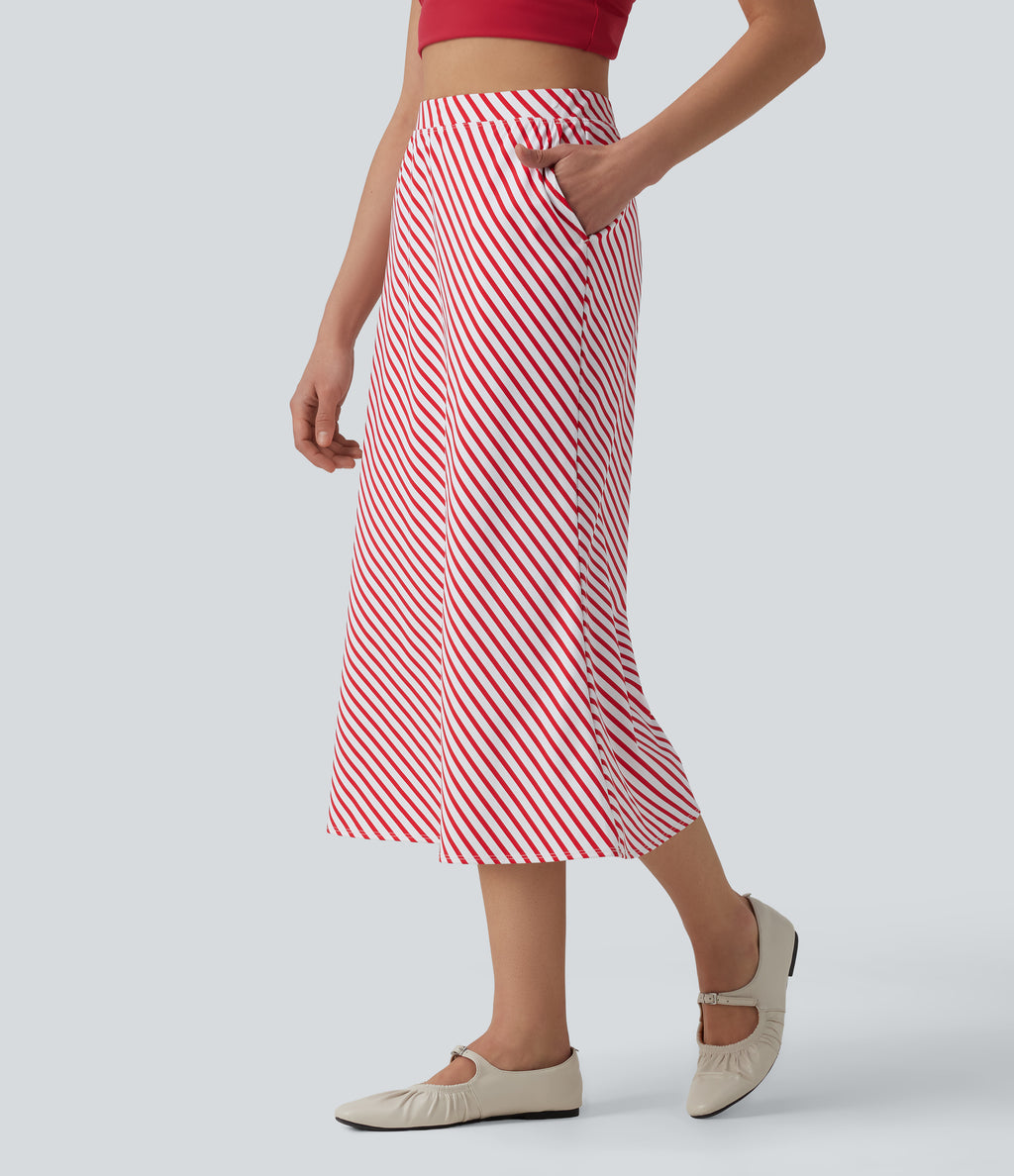 High Waisted Stripe Midi Casual Skirt with Pockets — Candy Stripe Whirl — view 1
