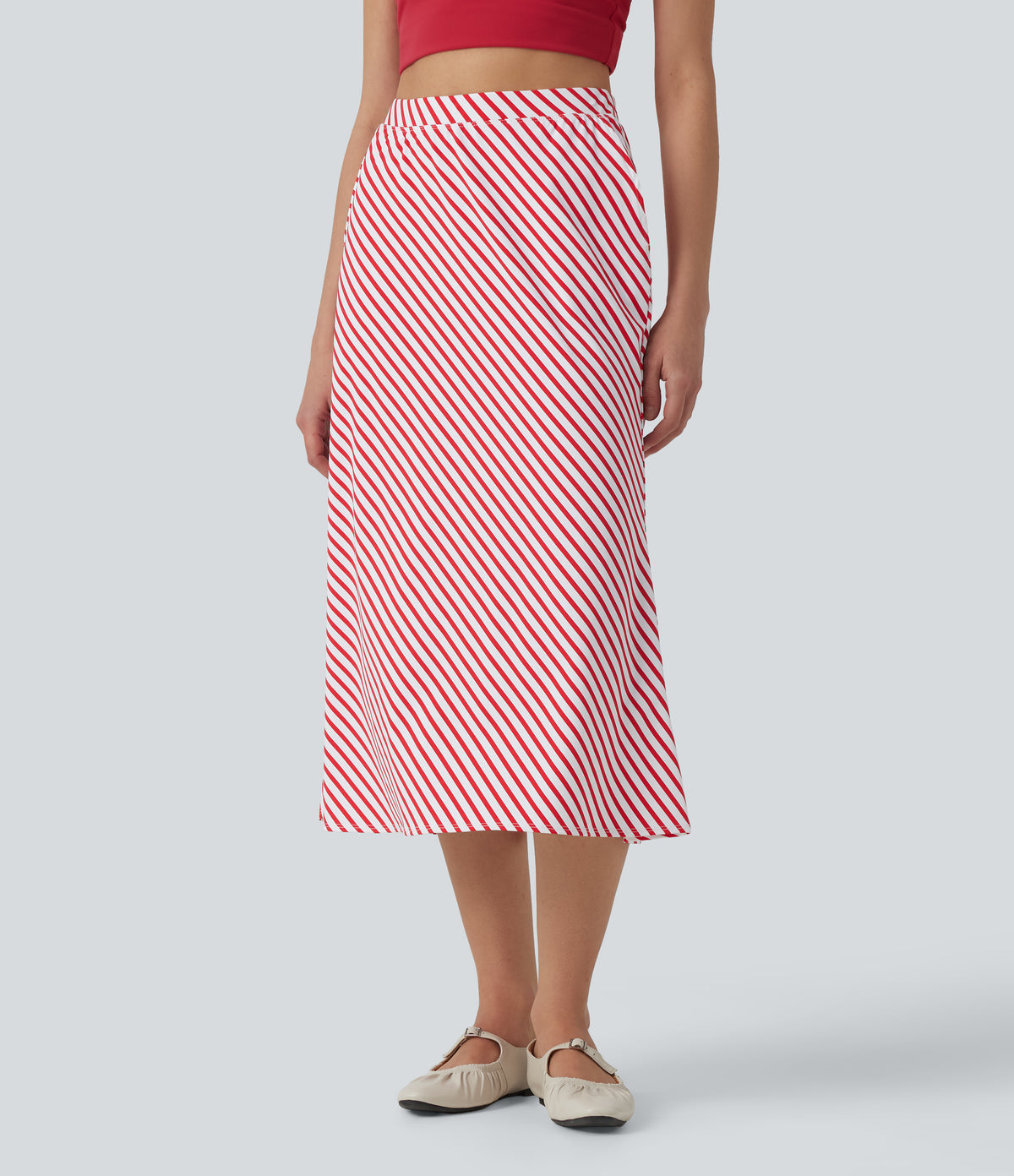 High Waisted Stripe Midi Casual Skirt with Pockets — Candy Stripe Whirl — view 3