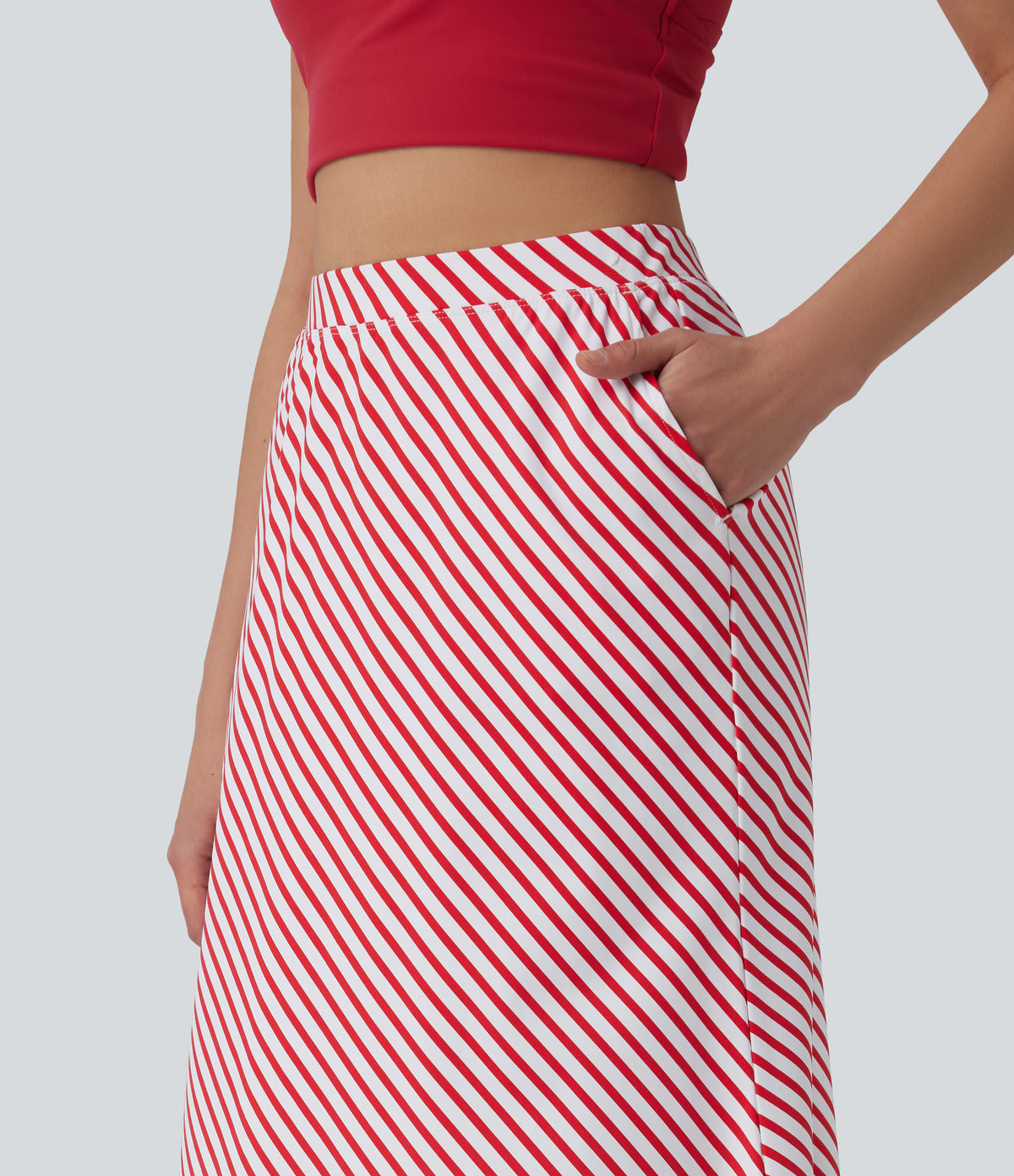 High Waisted Stripe Midi Casual Skirt with Pockets — Candy Stripe Whirl — view 4