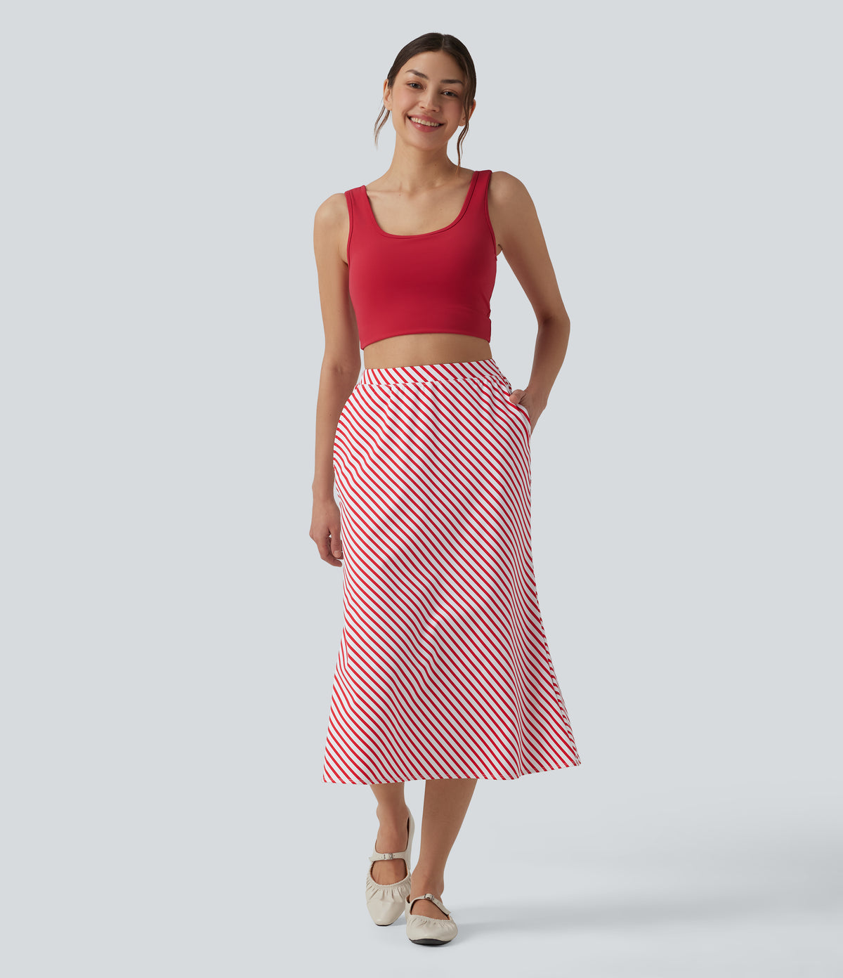 High Waisted Stripe Midi Casual Skirt with Pockets — Candy Stripe Whirl — view 5