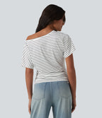 One shoulder Short Sleeve Stripe Casual T-Shirt — Inkline Drift — view 2