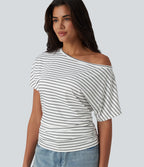 One shoulder Short Sleeve Stripe Casual T-Shirt — Inkline Drift — view 4