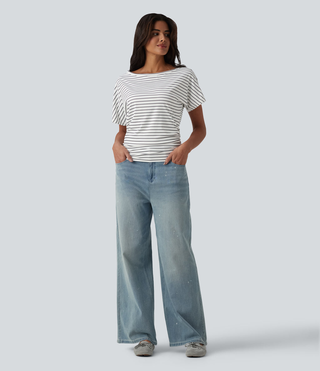 One shoulder Short Sleeve Stripe Casual T-Shirt — Inkline Drift — view 5
