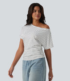 One shoulder Short Sleeve Stripe Casual T-Shirt — Inkline Drift — view 3