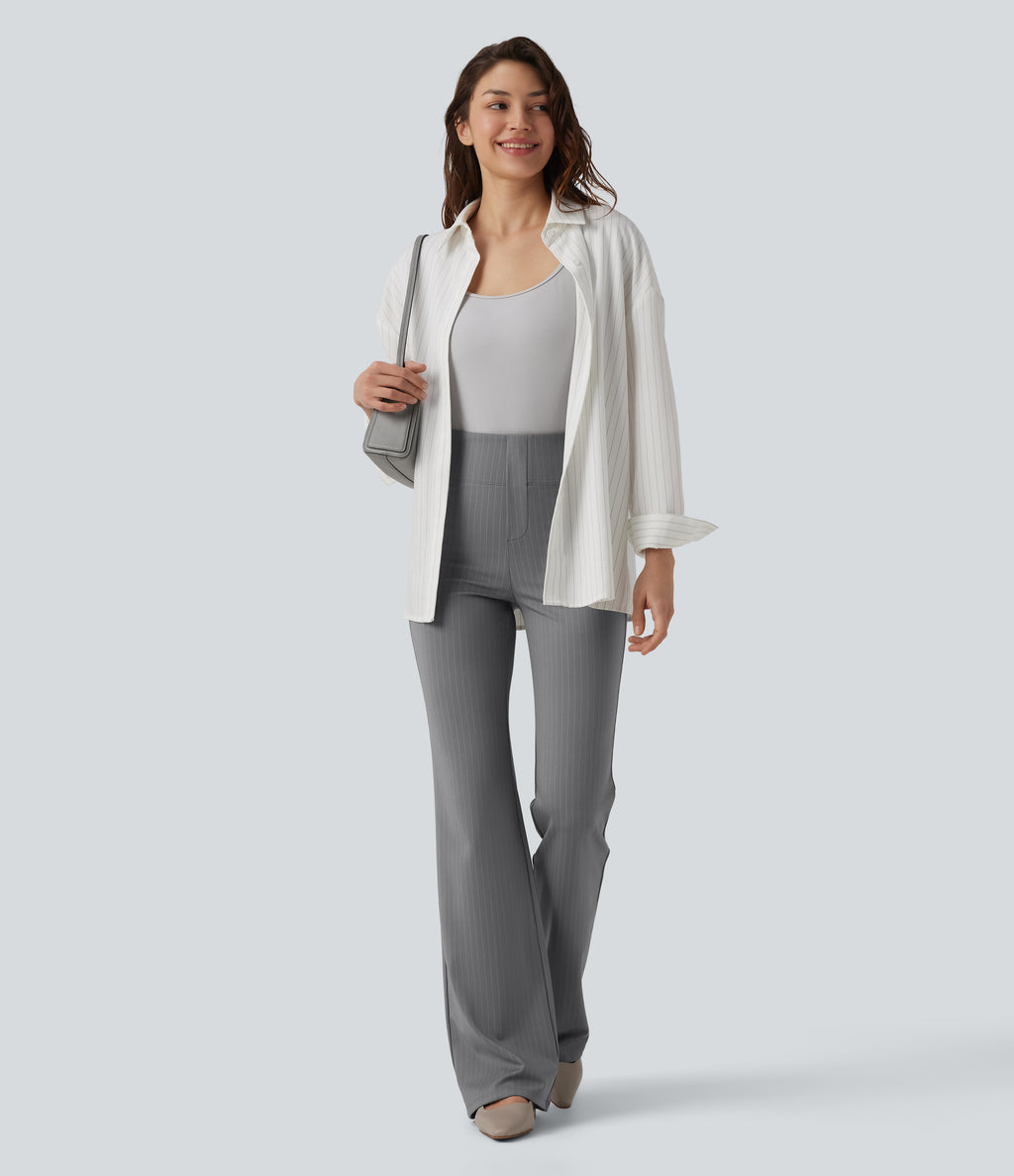 High Waisted Stripe Flare Work Trousers with Pockets — Dusk Smoke Pinstripe — view 7