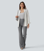 High Waisted Stripe Flare Work Trousers with Pockets — Dusk Smoke Pinstripe — view 7