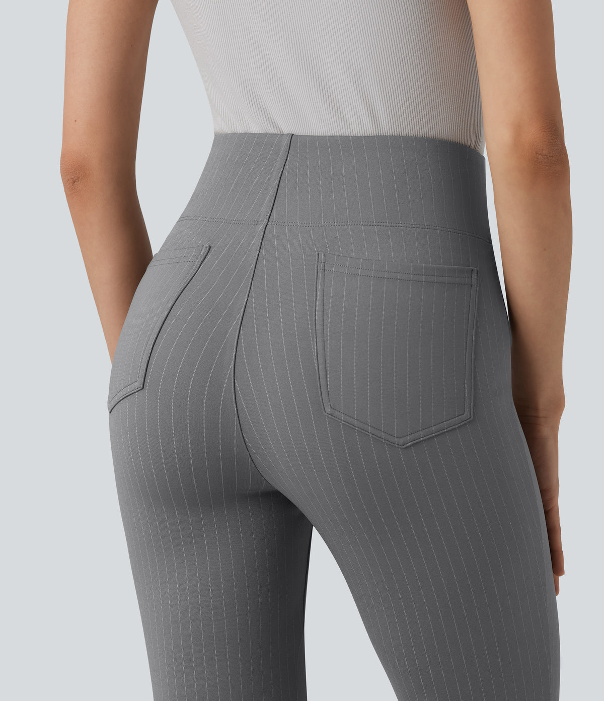 High Waisted Stripe Flare Work Trousers with Pockets — Dusk Smoke Pinstripe — view 4