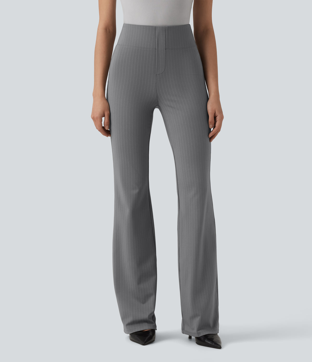 High Waisted Stripe Flare Work Trousers with Pockets — Dusk Smoke Pinstripe — view 2