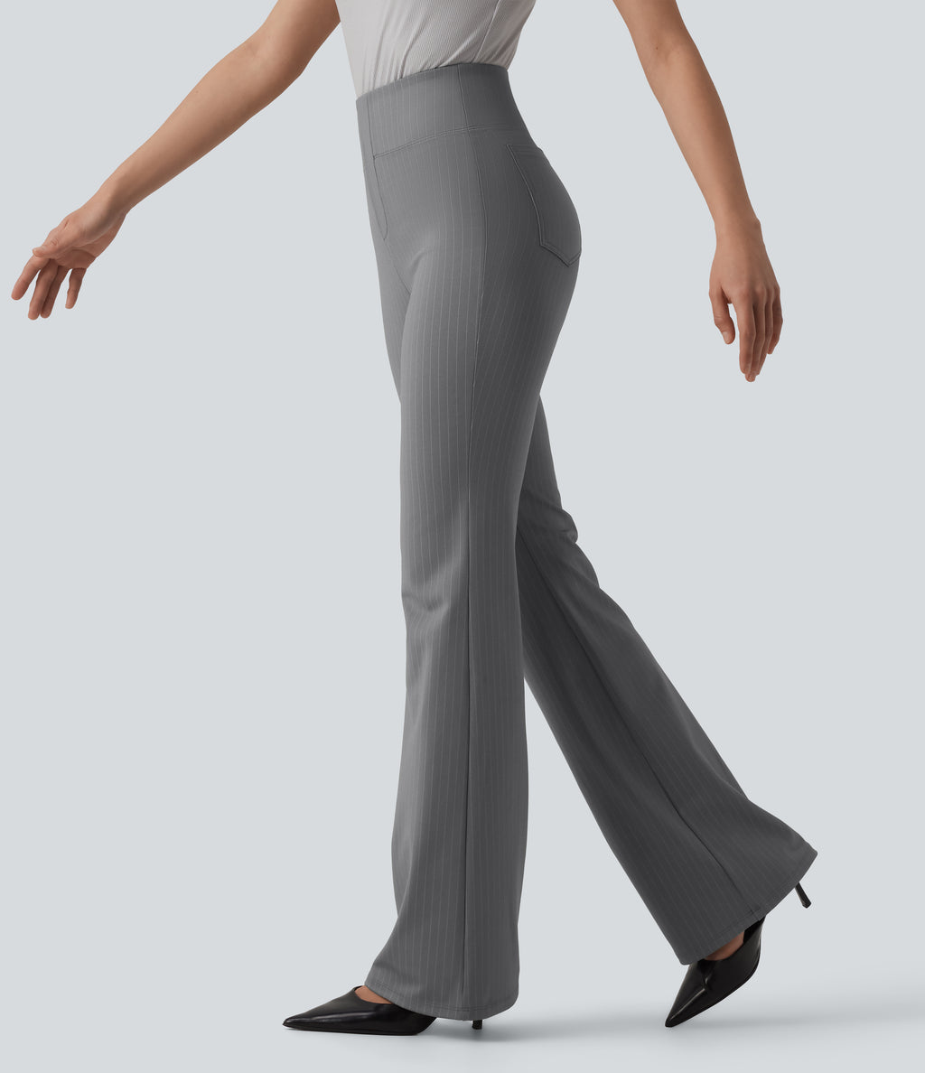 High Waisted Stripe Flare Work Trousers with Pockets — Dusk Smoke Pinstripe — view 3