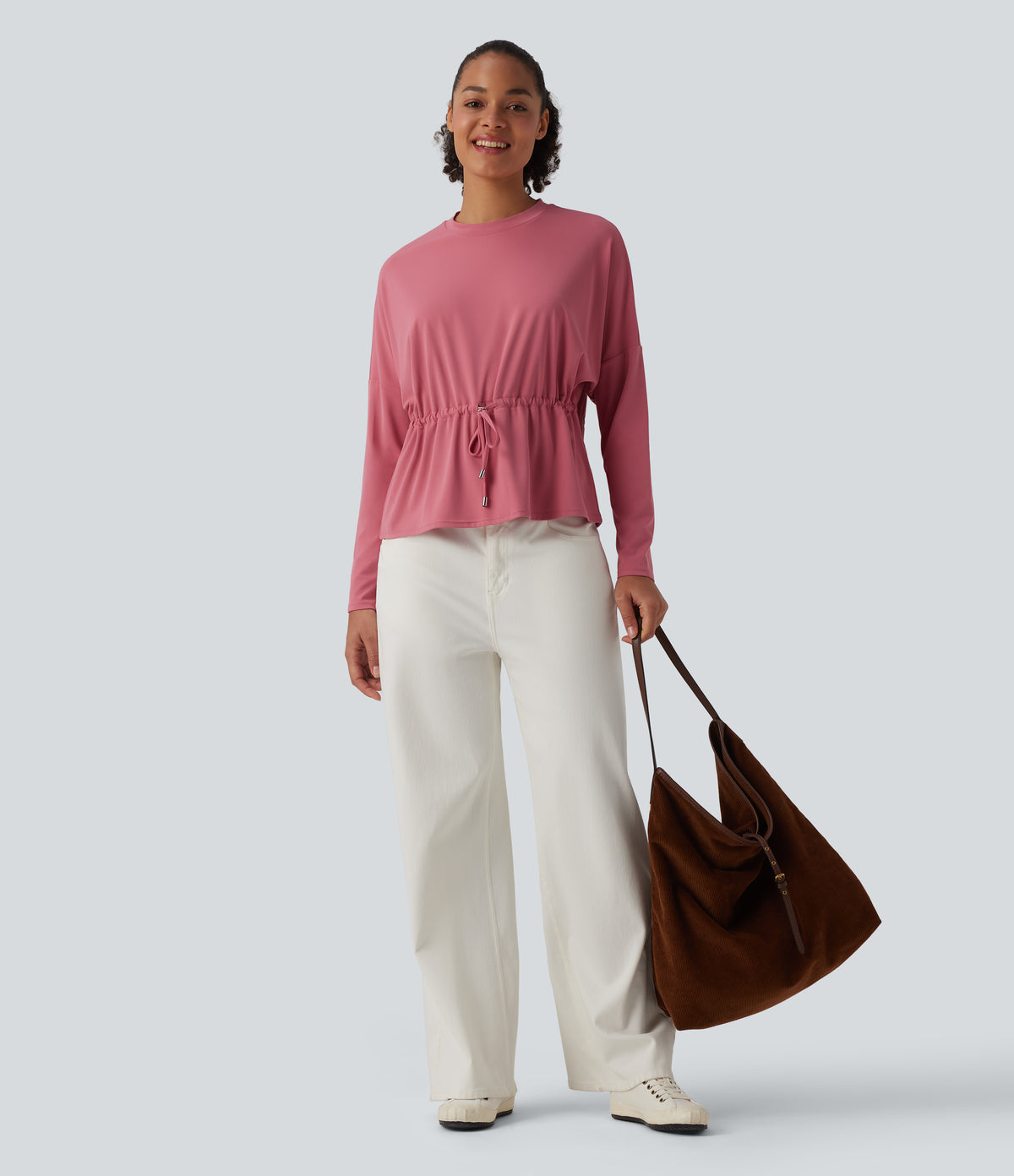 Round Neck Long Sleeve Drawstring Casual Top — Begonia Rouge — view 6