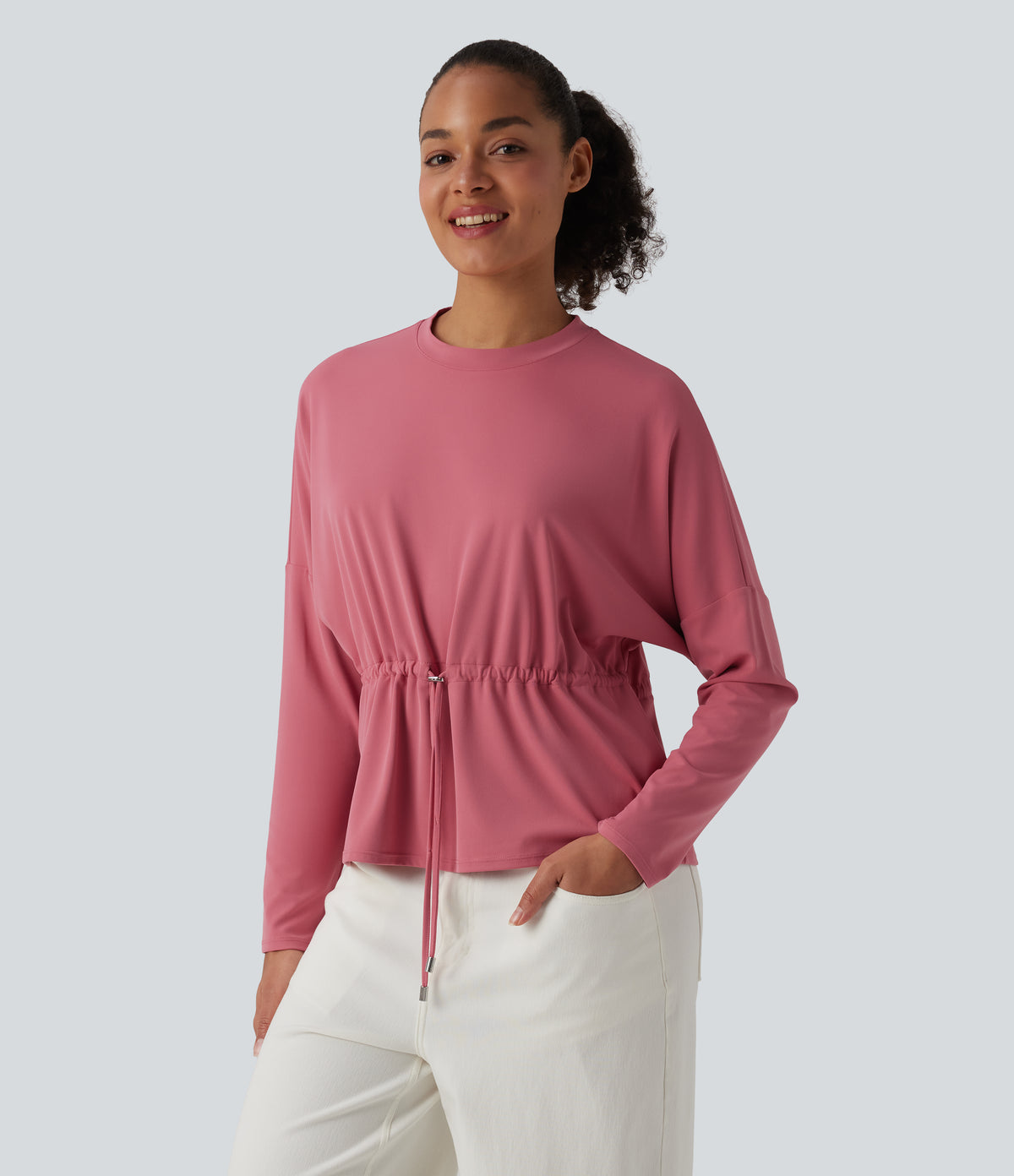 Round Neck Long Sleeve Drawstring Casual Top — Begonia Rouge — view 3