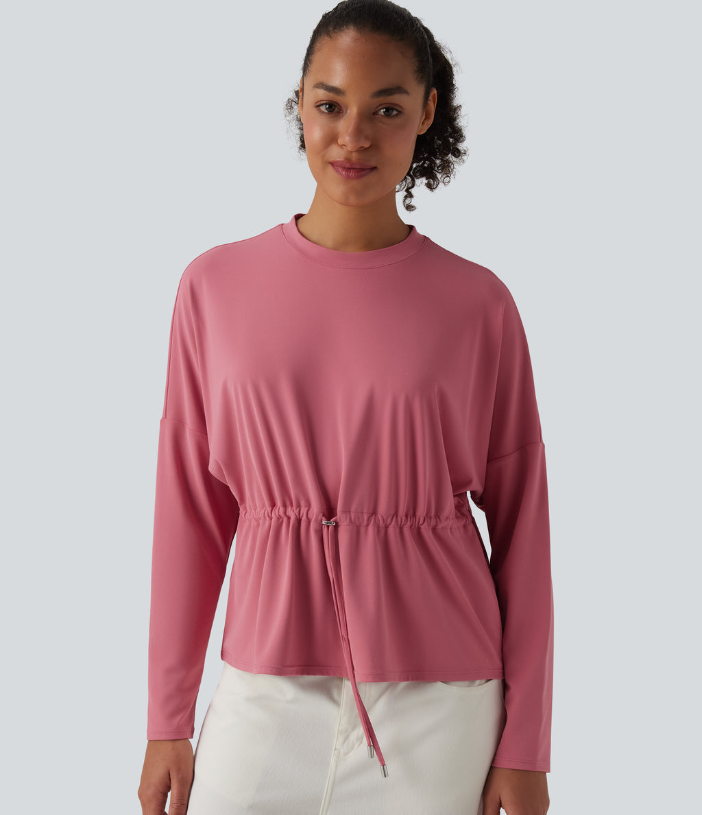 Round Neck Long Sleeve Drawstring Casual Top — Begonia Rouge — view 4