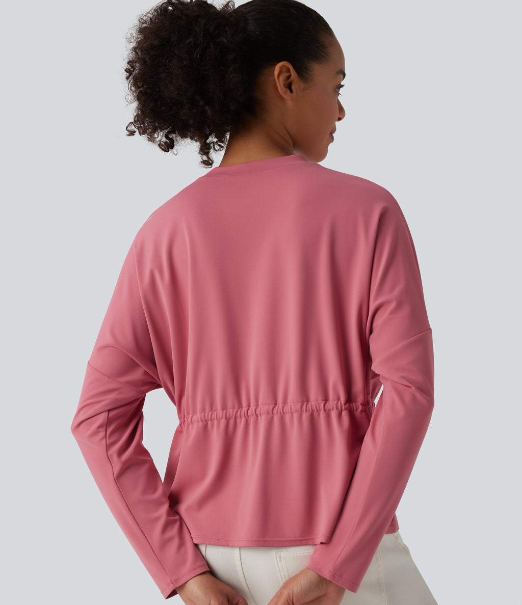 Round Neck Long Sleeve Drawstring Casual Top — Begonia Rouge — view 5