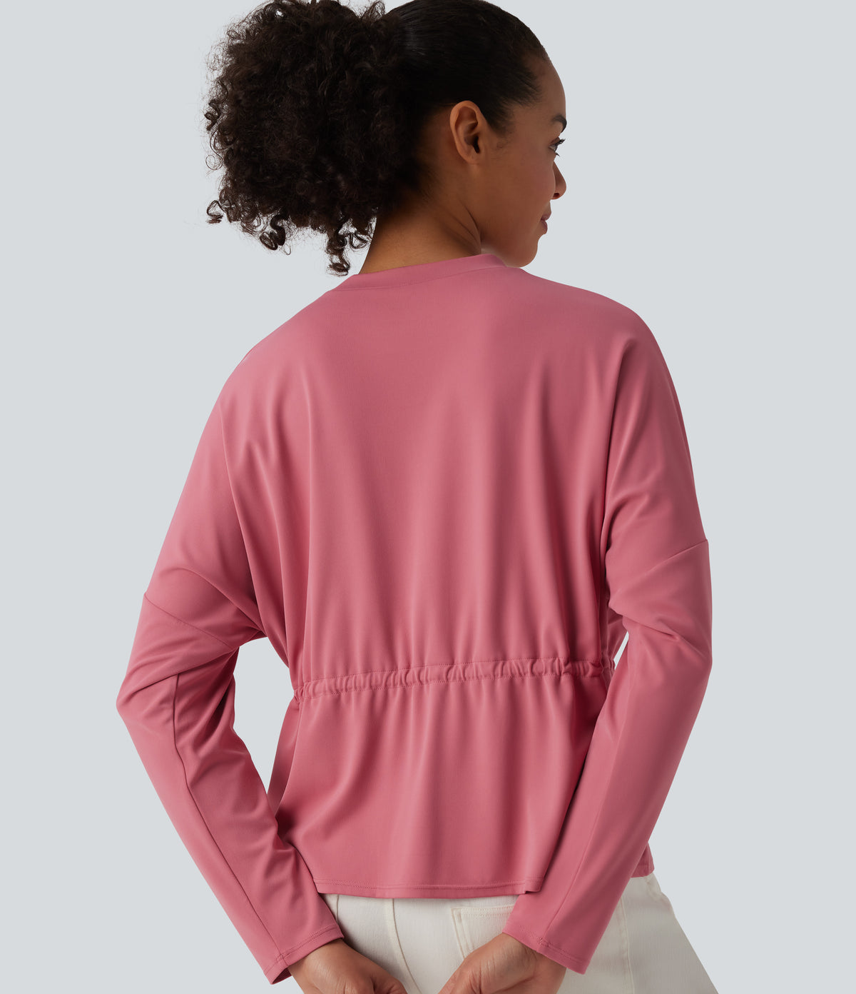 Round Neck Long Sleeve Drawstring Casual Top — Begonia Rouge — view 5