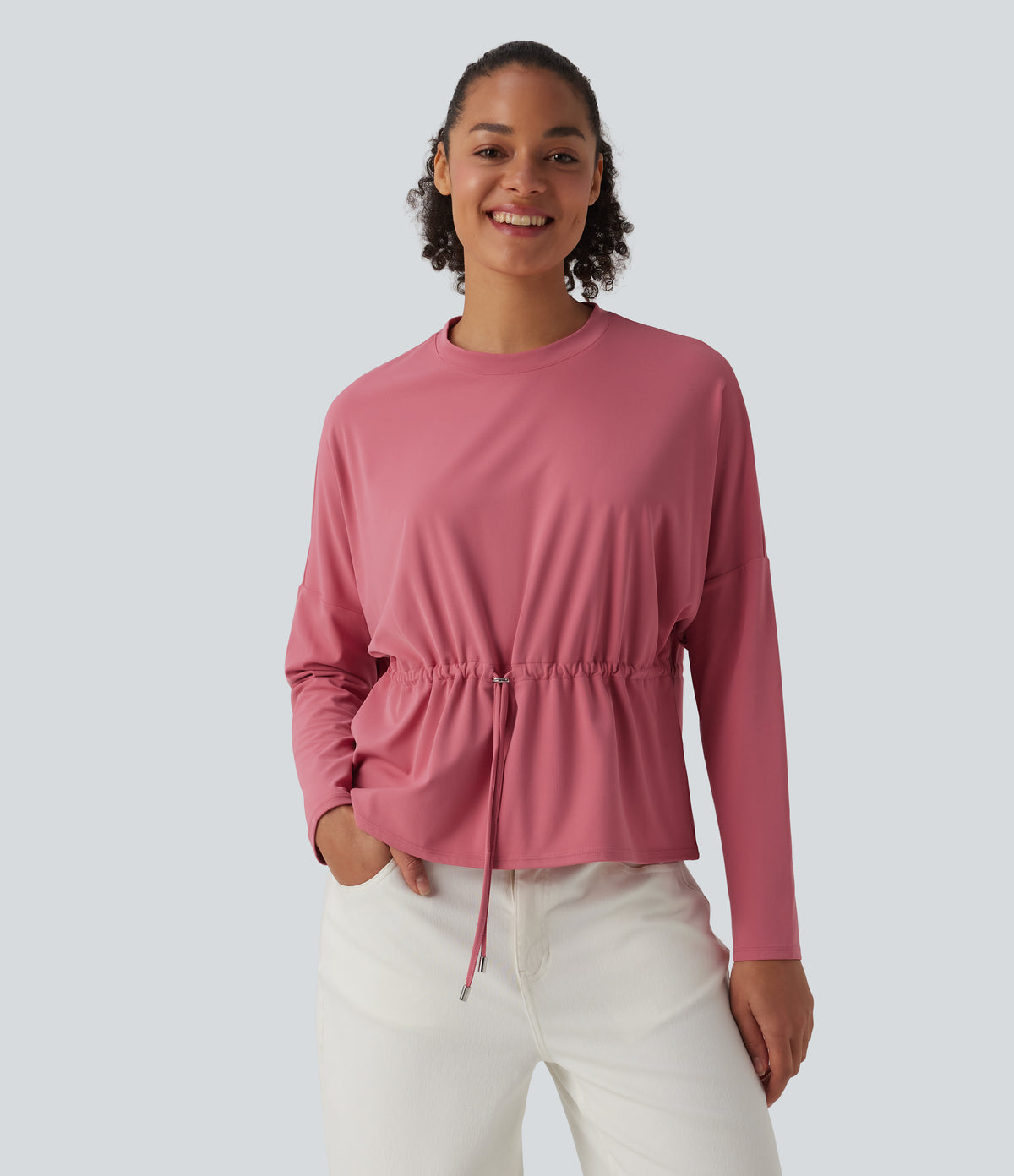 Round Neck Long Sleeve Drawstring Casual Top — Begonia Rouge — view 1
