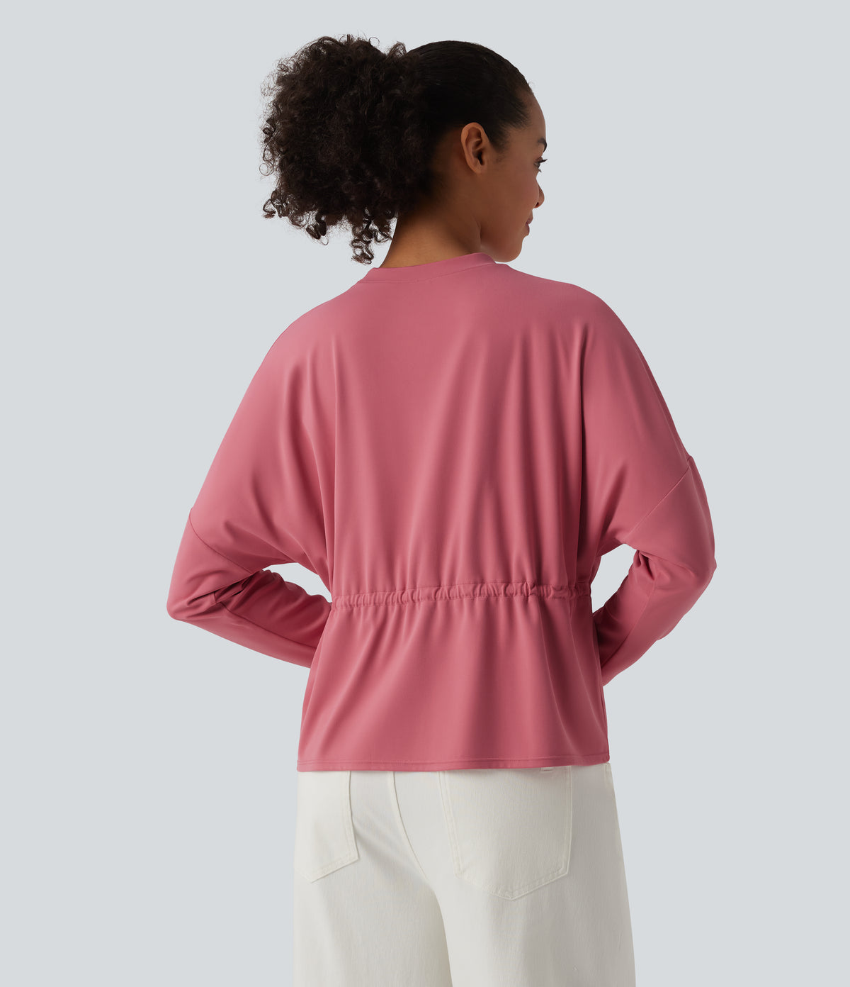 Round Neck Long Sleeve Drawstring Casual Top — Begonia Rouge — view 2