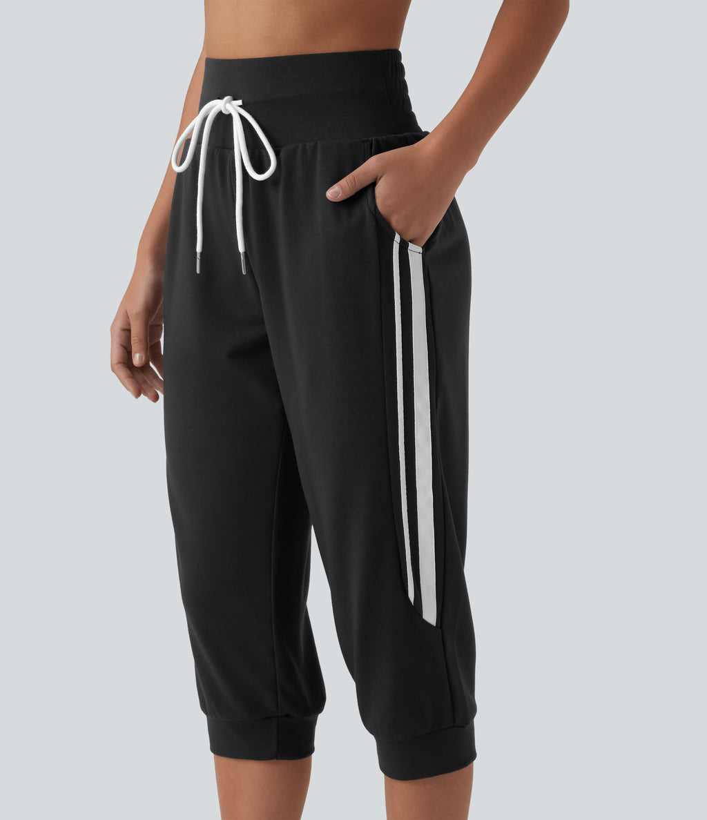High Waisted Drawstring Stripe Capri Casual Joggers with Pockets — Black — view 4